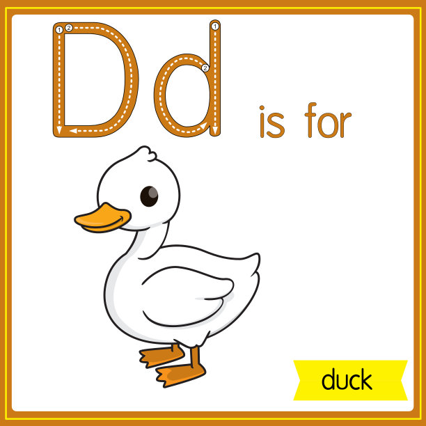 矢量插图学习字母为儿童与卡通形象。字母D是鸭子。图片下载