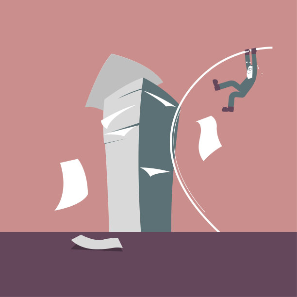 一名男子翻着成堆的文件，跳起了撑杆跳。图片下载