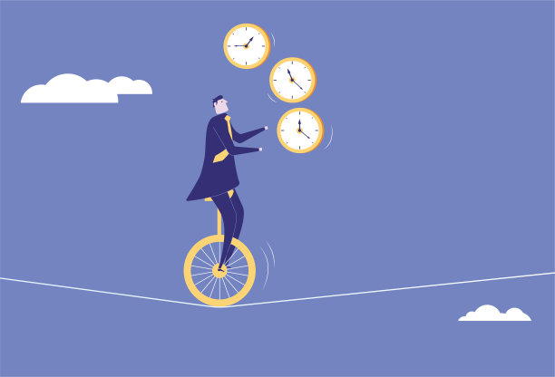 一名商人在钢丝上表演杂技，玩弄钟表图片下载