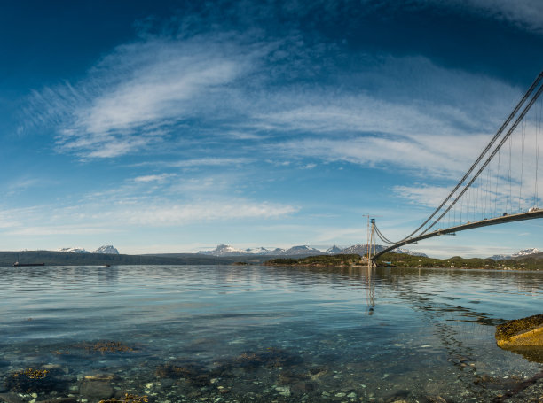 横跨峡湾的桥梁的典型挪威景观。挪威五彩缤纷的夏日。旅行的概念。艺术照片。美丽的世界图片下载