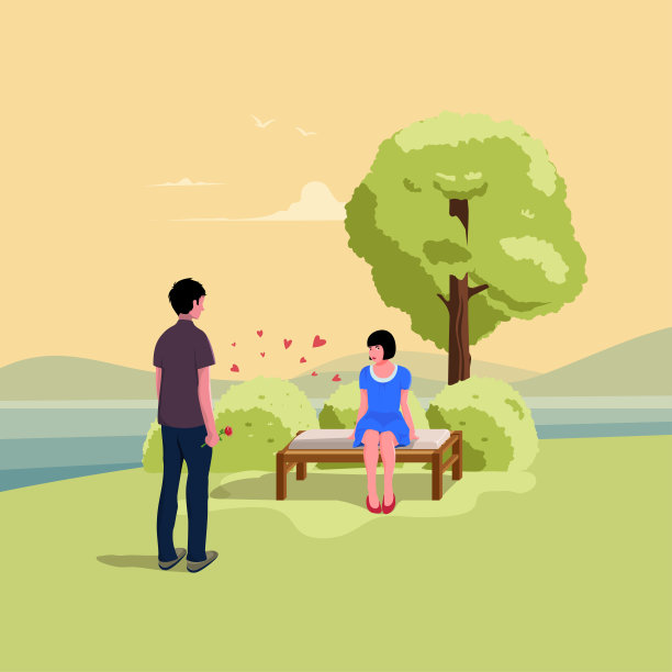 第一次约会的概念。拿着花的男人站在女人旁边。爱，支持和关心，礼物和惊喜，公园里的小情侣。图片下载