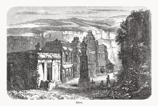 印度马哈拉施特拉邦埃罗拉Kailasha寺，木刻，1893年出版图片下载