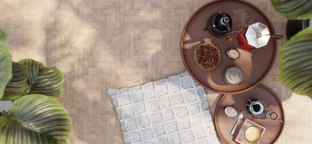 木制背景上的传统咖啡机咖啡设备木制桌子顶部视图黑咖啡在复古杯莫卡壶3D插图图片下载