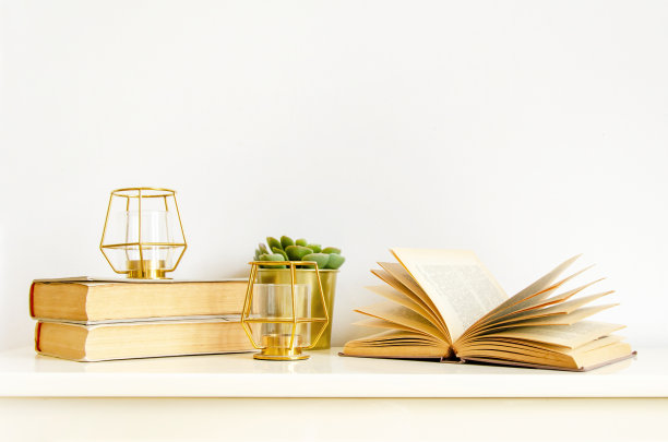 古书，花盆里的植物，烛台里的蜡烛。简约的室内装饰，斯堪的纳维亚风格图片下载