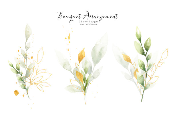一套绿色和金色的叶子水彩花束图片下载