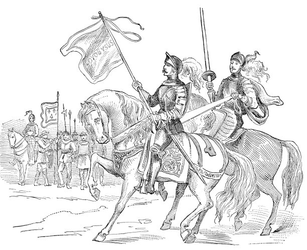 14世纪在战场上手持纹章旗的中世纪骑士图片下载