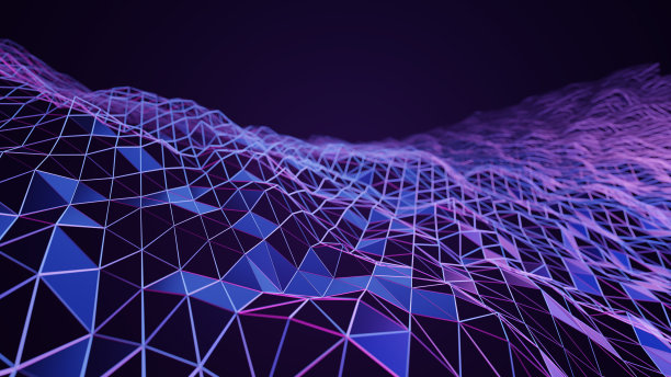 网络安全技术与数字数据保护。网络连接，多边形和线条，深紫色，蓝色和粉红色。抽象的背景。图片下载