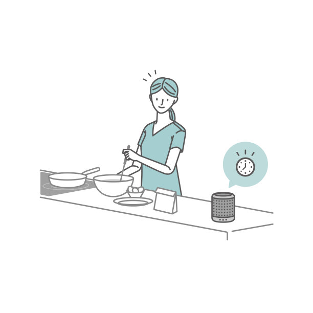 一个女人在厨房做饭时注意到一个智能扬声器的公告图片下载