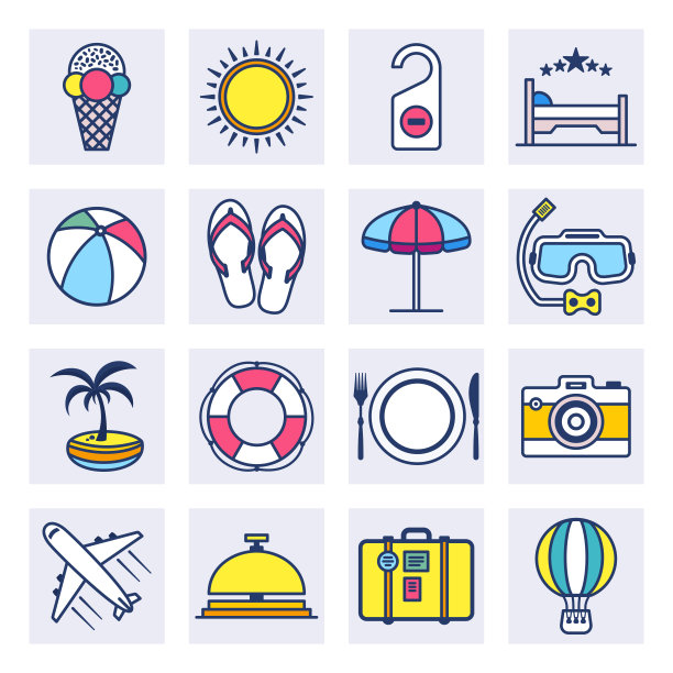 暑假目的地平面线风格矢量图标集图片下载