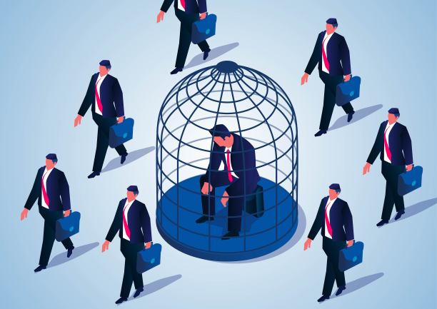 一名商人被锁在笼子里，而其他商人则无拘无束地正常行走，商业概念插图图片下载