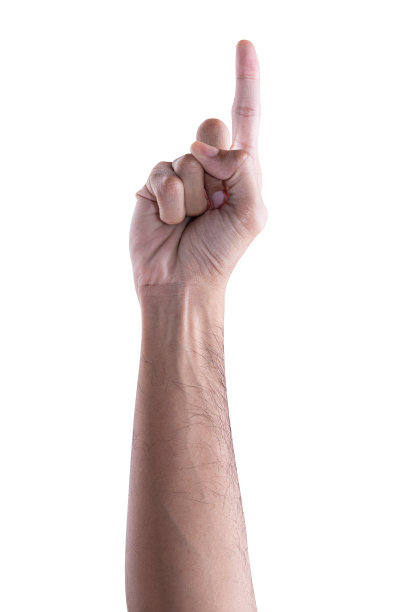 男性的手触摸或指向白色背景上孤立的东西。图片下载