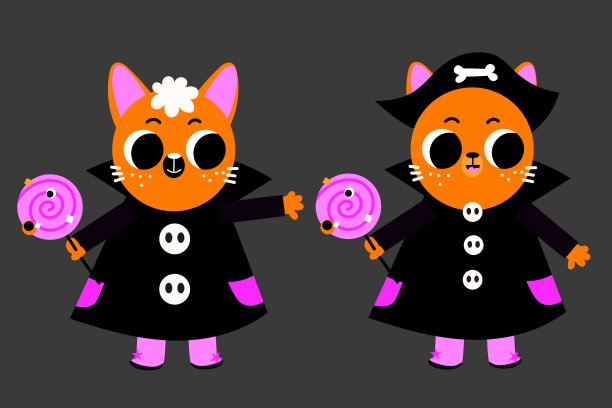 可爱的万圣节卡通人物集猫巫婆与糖果棒棒糖甜不给糖就捣蛋秋天秋天收集矢量。图片下载