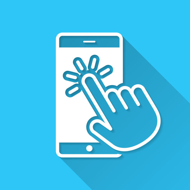 用手触摸智能手机。图标在蓝色背景-平面设计与长阴影图片下载