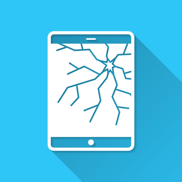 平板电脑屏幕破碎。图标在蓝色背景-平面设计与长阴影图片下载