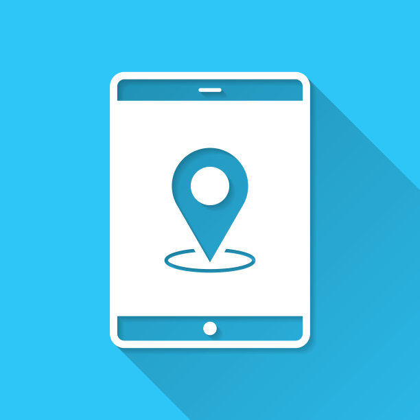 带定位针的平板电脑。图标在蓝色背景-平面设计与长阴影图片下载