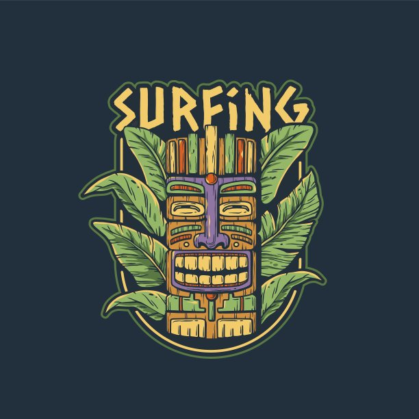 夏季提基面具与热带树叶夏威夷酒吧图片下载