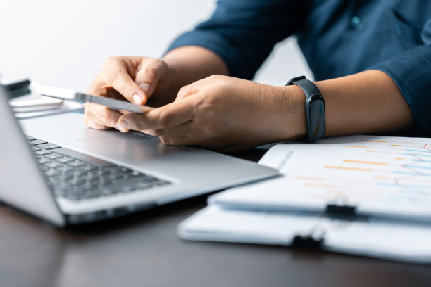 商业数据分析笔记本电脑:财务图表，图表，报告成功的计划和战略。专业工作场所:分析商业数据，图表，图表为战略决策图片下载