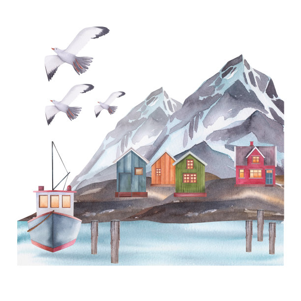 挪威海岸房屋上的岩石上有海鸥，一幅船和山的水彩画。手绘卡与挪威的房子孤立在白色背景。图片下载