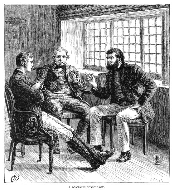 三个男人抽着烟斗，密切交谈着图片下载