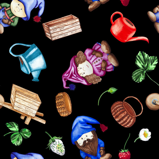 侏儒，篮子，手推车，维多利亚带着树叶和喷水壶。在黑暗背景上为您的设计绘制无缝图案的水彩画图片下载