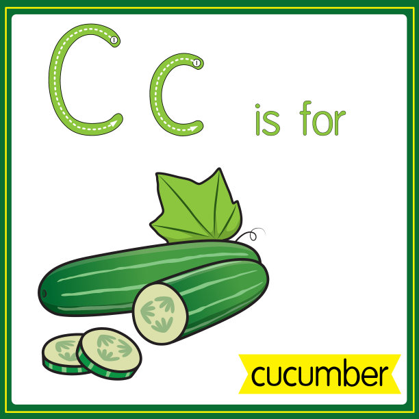 矢量插图学习字母为儿童与卡通形象。字母C代表黄瓜。图片下载