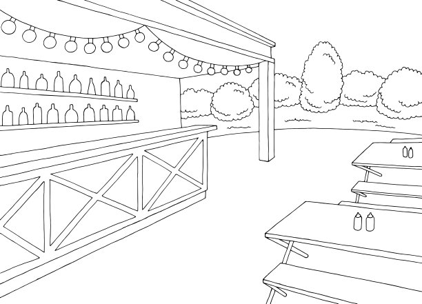 乡村咖啡馆图形黑白素描插图矢量图片下载