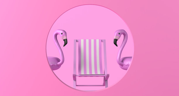 沙滩椅背景和火烈鸟漂浮与圆形框架。副本的空间。3 d演示。图片下载