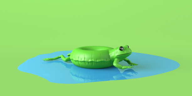 可充气的青蛙漂浮在蓝色的水里。夏天的概念。副本的空间。3 d演示。图片下载