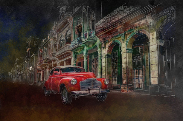 古巴哈瓦那老爷车水彩画图片下载