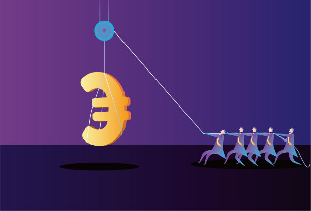 商人们用滑轮把欧元吊起来。图片下载