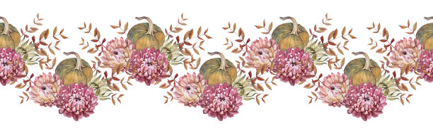 无缝边缘与水彩秋天安排。花束与花瓣和南瓜在白色的背景。食物和菊花。用于框架婚礼庆典或包装的手绘边框图片下载