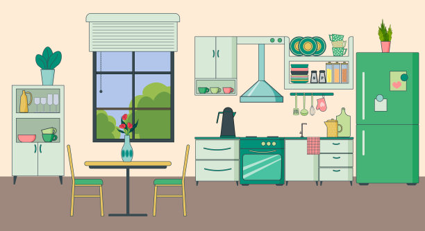 厨房interier。时尚现代的设计。有百叶窗的窗户，桌子和椅子，冰箱，架子和橱柜，盘子。图片下载