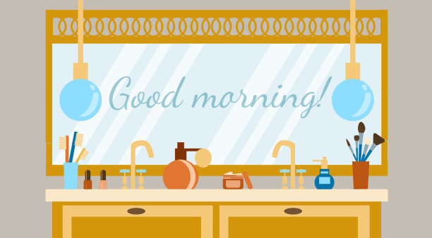 舒适的浴室内部，有一面大镜子和化妆品，镜子上写着“早上好”。矢量插图在平面手绘风格。图片下载