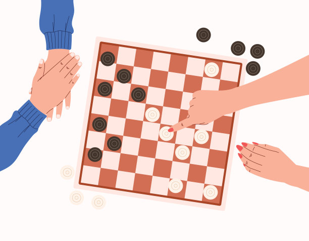 人们在玩跳棋，俯视图。在逻辑棋盘游戏中移动的手。卡通孤立矢量棋盘。图片下载