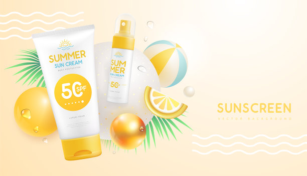 夏季背景与3d球体和防晒管。五彩缤纷的夏日景象。矢量图图片下载