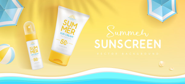 顶视图夏季背景与3d集防晒管和沙滩伞。五彩缤纷的夏日景象。矢量图图片下载