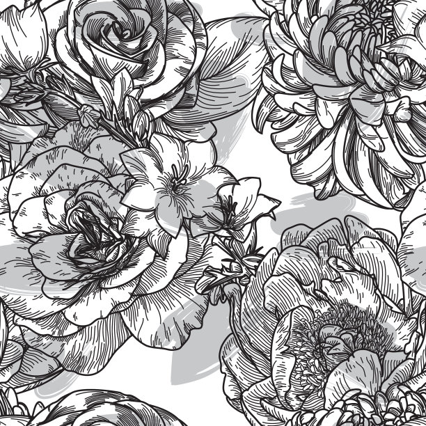 大花复古线艺术无缝花卉图案图片下载