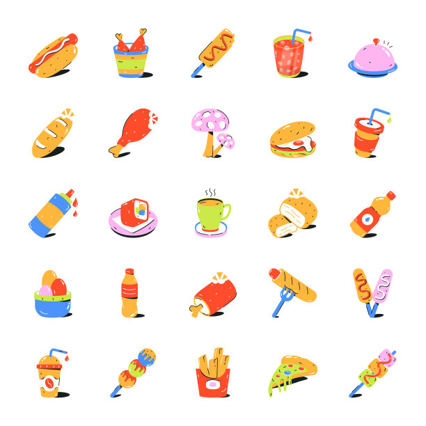 收集快餐和饮料的平面图标图片下载