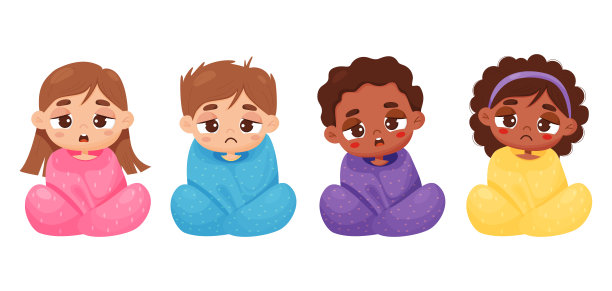 收集悲伤多元的男孩女孩裹在毯子里。生病受苦，皮肤白皙，肤色黝黑的民族可爱的孩子。矢量插图在卡通风格。孤立的孩子人物在白色。图片下载