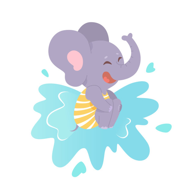 可爱的大象在水花中跳跃，小动物穿着泳衣在喷泉里玩耍图片下载