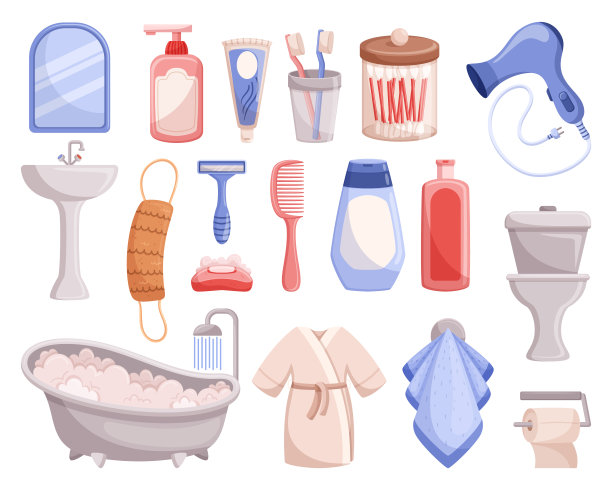 全套洗浴配件包括肥皂分配器，牙刷，卫生纸和碗，浴袍，梳子图片下载