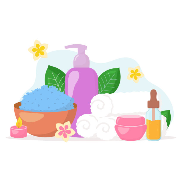 矢量美容水疗沙龙组成。化妆品瓶、毛巾、鲜花、蜡烛被隔离在白色的背景上。护肤美容概念插画图片下载