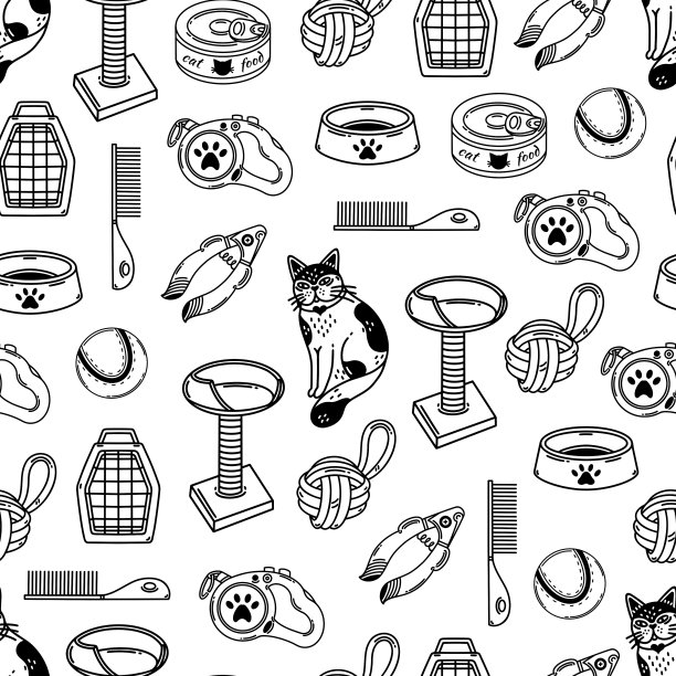 猫护理无缝矢量图案。宠物配件-食物，碗，皮带，玩具，抓柱，梳子。猫咪的美容和兽医。简单的涂鸦。黑白背景印刷，包装图片下载