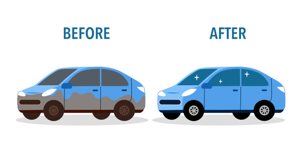洗车后的脏车和干净车在白色背景上的平面设计。图片下载