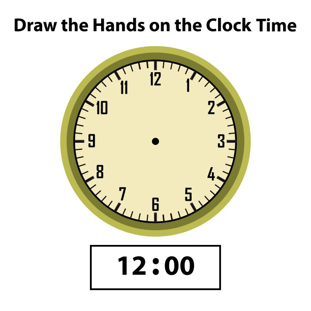 绘制指针12:00模拟时钟。时间、学习钟和数学练习表是什么?儿童工作表的报时练习。学习模拟时钟。教育活动。图片下载