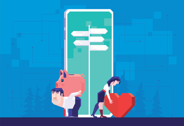 男子背着存钱罐，女子手持心形智能手机上的路标图片下载