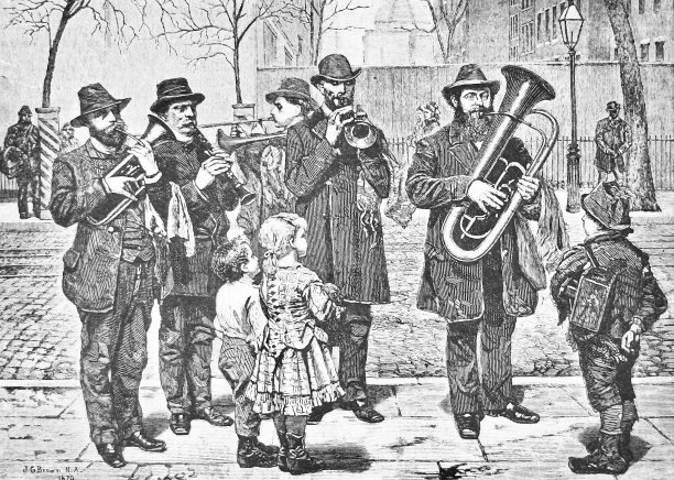 纽约，一个德国铜管乐队，1879年，孩子们在听图片下载