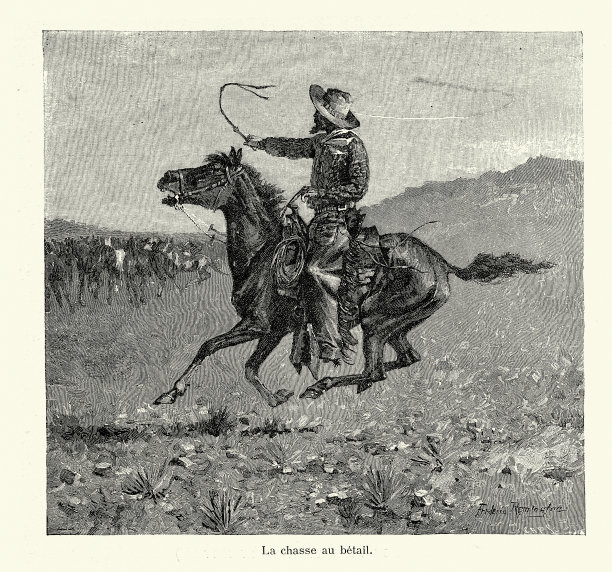 牛仔骑马放牧野马，美国西部，1890年代，19世纪图片下载