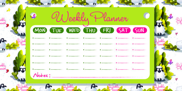 卡通风格的时间规划概念。待办事项清单上有可爱的绵羊和蝴蝶。图片下载