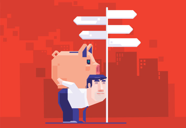 商人背着储蓄罐，靠在路标上图片下载